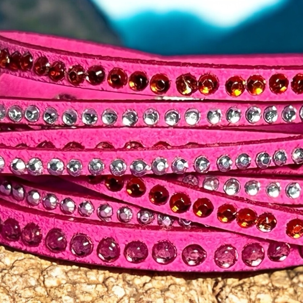 Fuchsia Rhinestone Wrap Bracelet Multi-Layer Leather W…